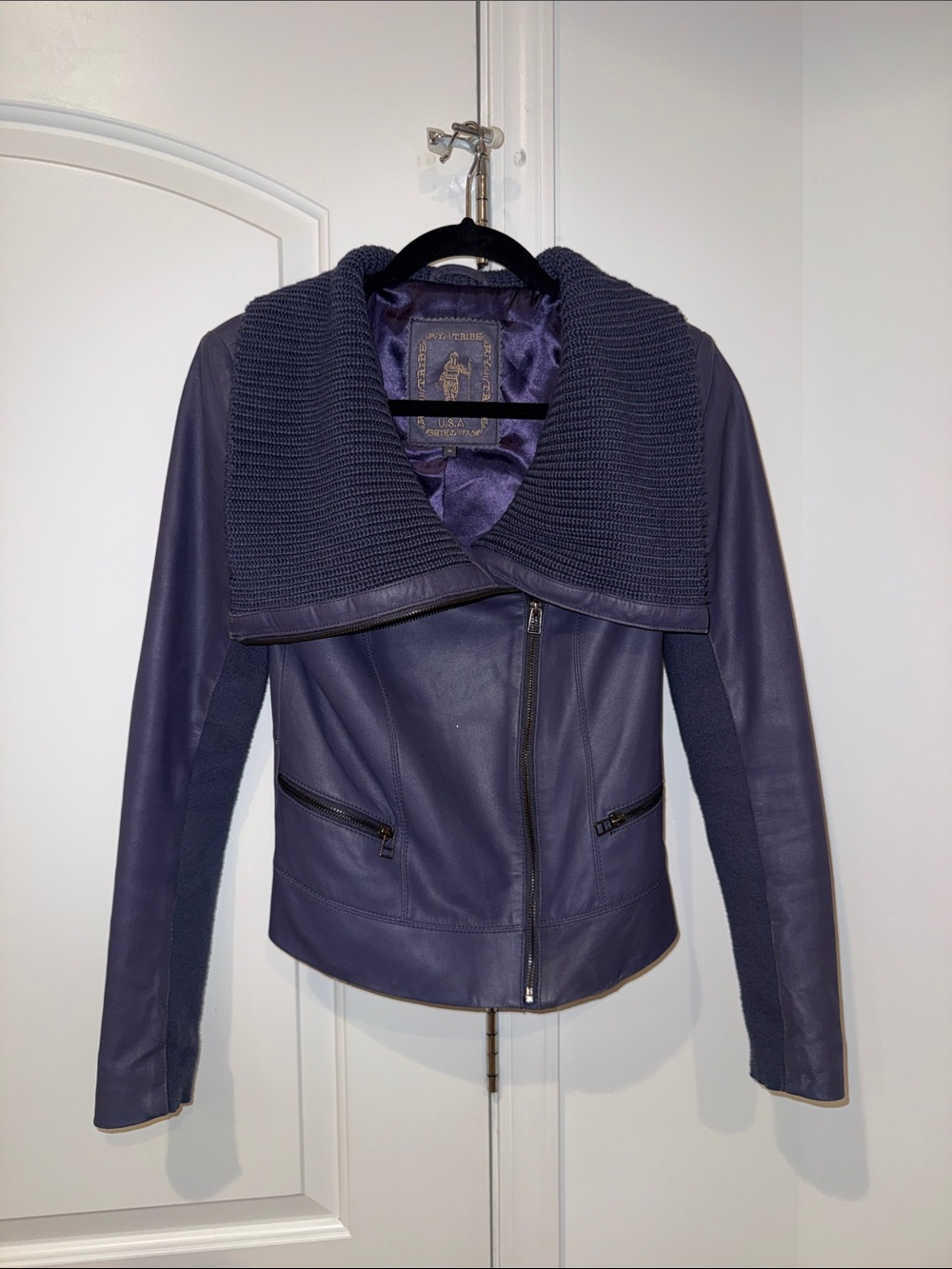 My Tribe Deep Purple Leather Jacket with Knit Collar